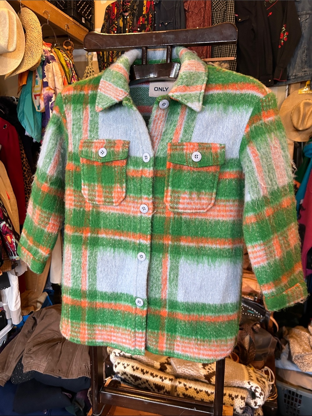 ONLY Kids Plaid Shacket in Green, Orange & Cream